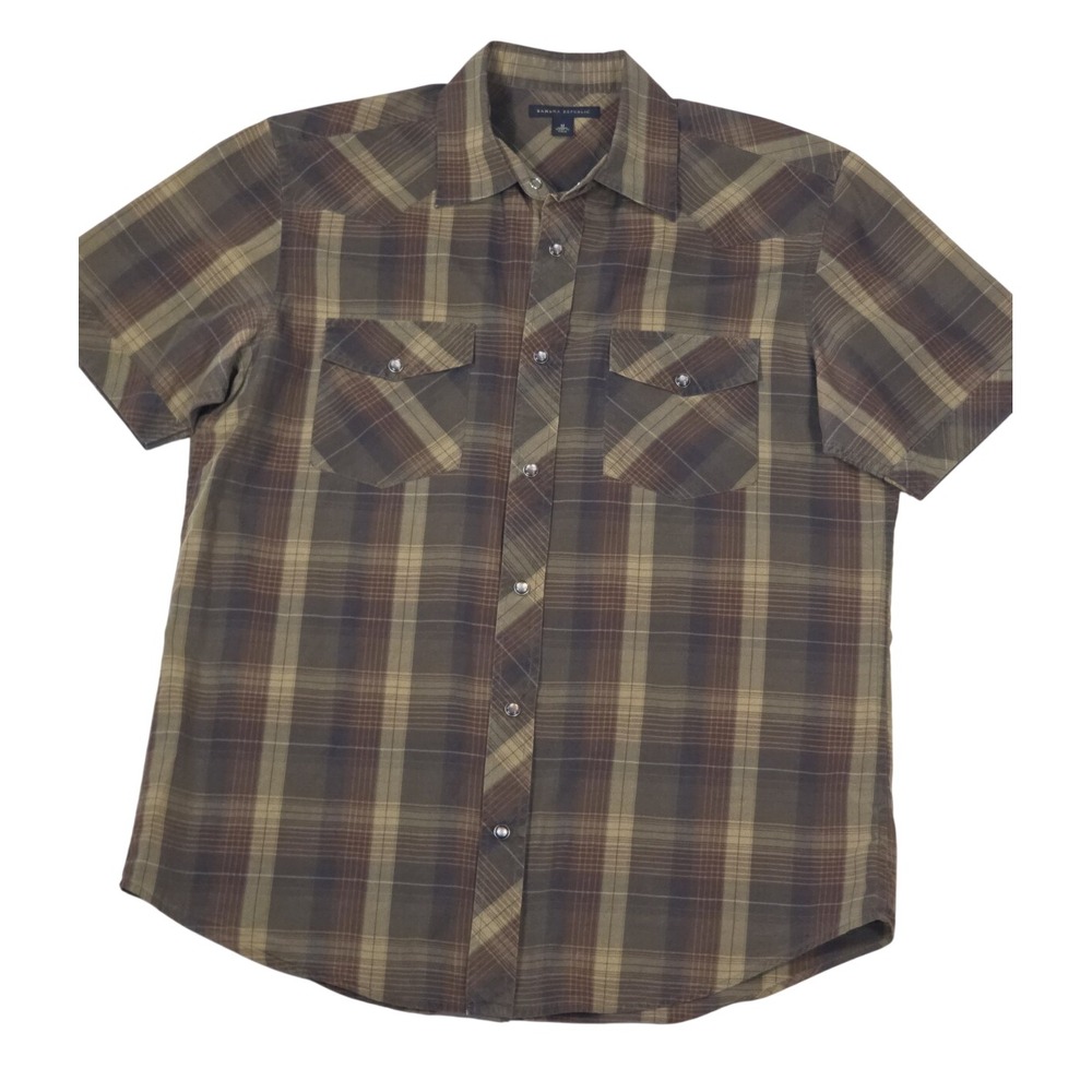 Banana Republic Western Shirt Mens M Brown Plaid Pearl Snap Short Sleeve Classic